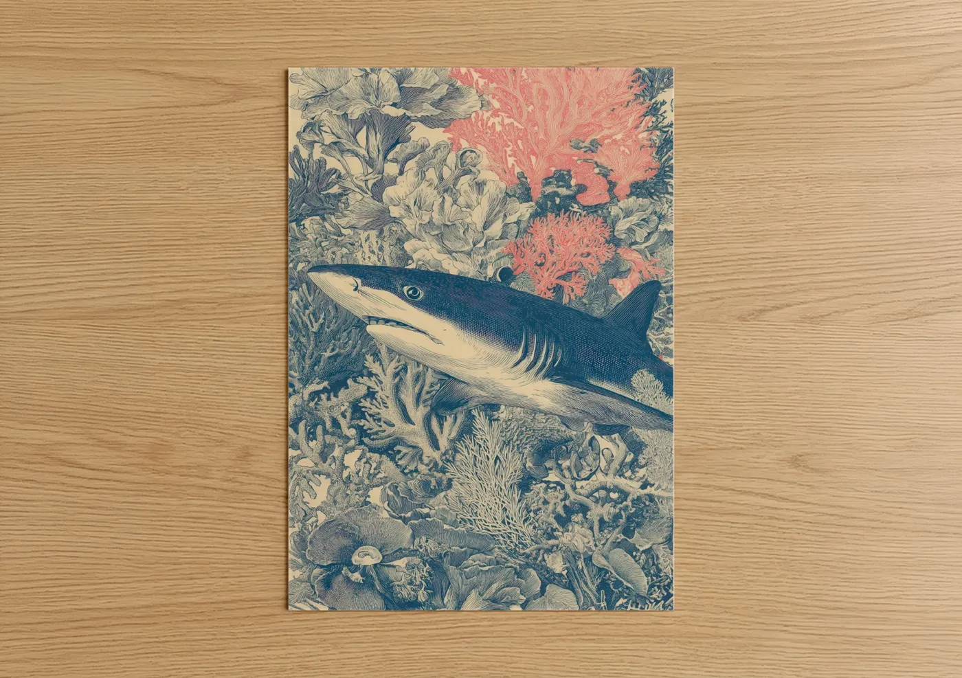 Art print on warm oak wood — blue and cream palette — Blue Shark Coral poster