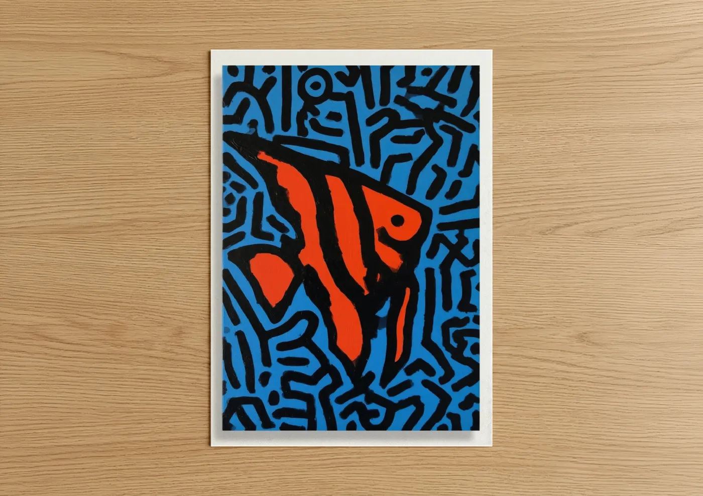 Angel fish art print on warm oak wood — blue and orange palette — Flame Angelfish poster