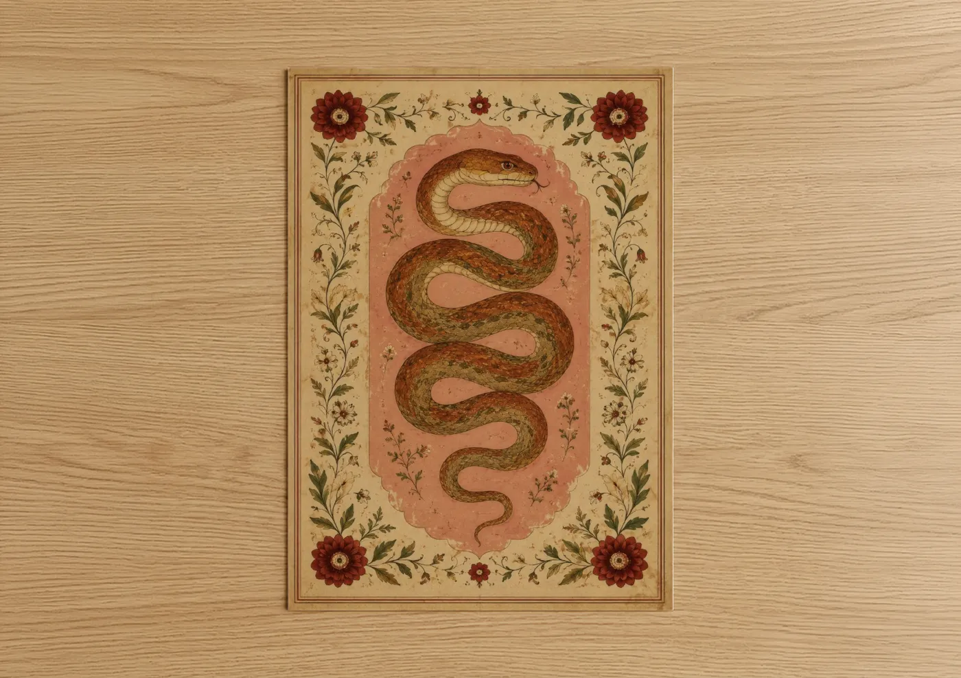 Art print on warm oak wood — peach and beige palette — Vintage Snake With Floral Border Wall Art poster