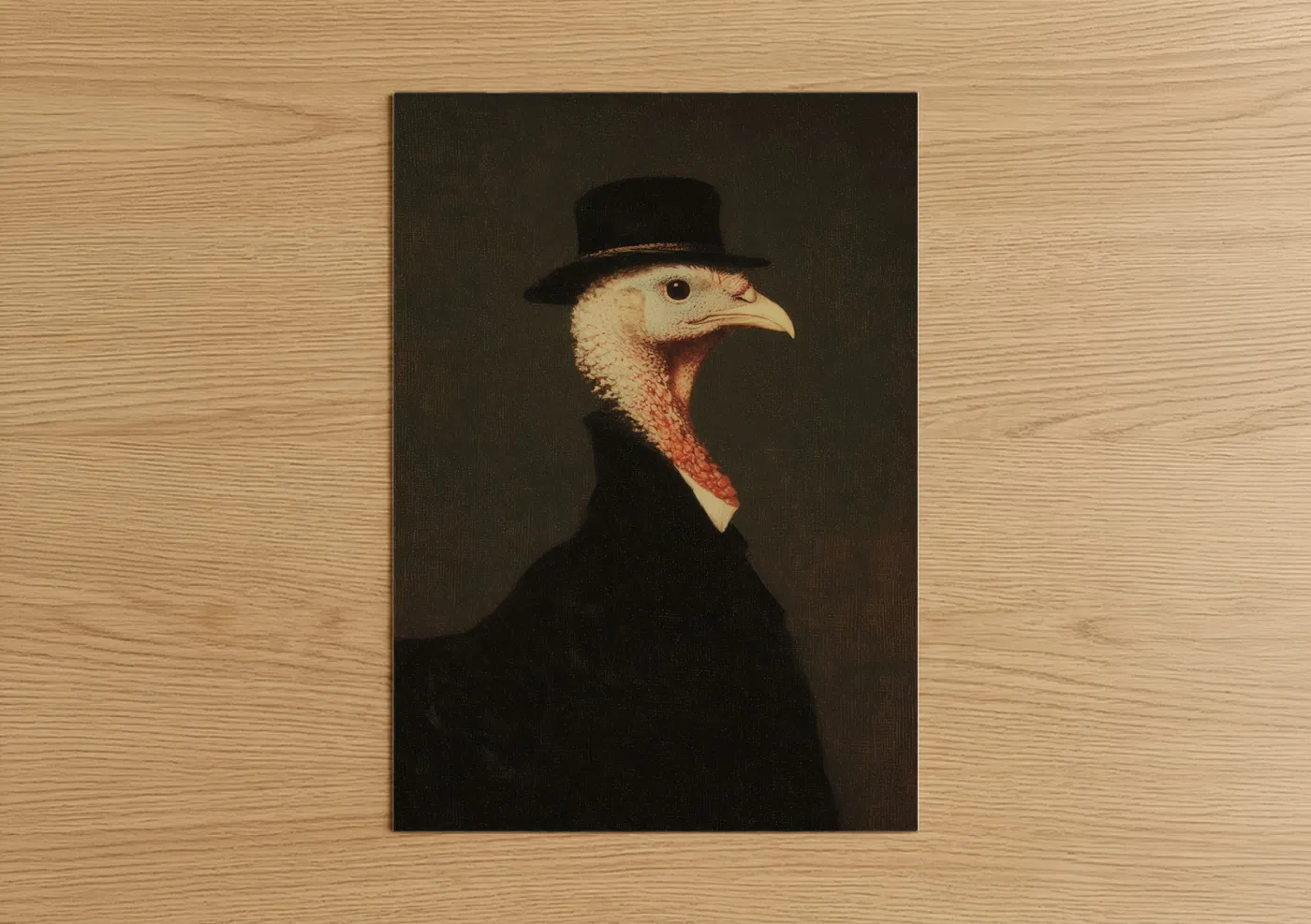 Thanksgiving art print on warm oak wood — brown and gold palette — Dapper Turkey poster