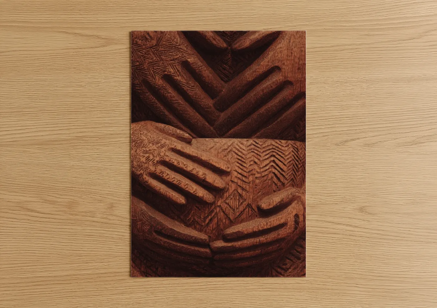 Art print on warm oak wood — brown and gold palette — Unity Hands Kwanzaa poster