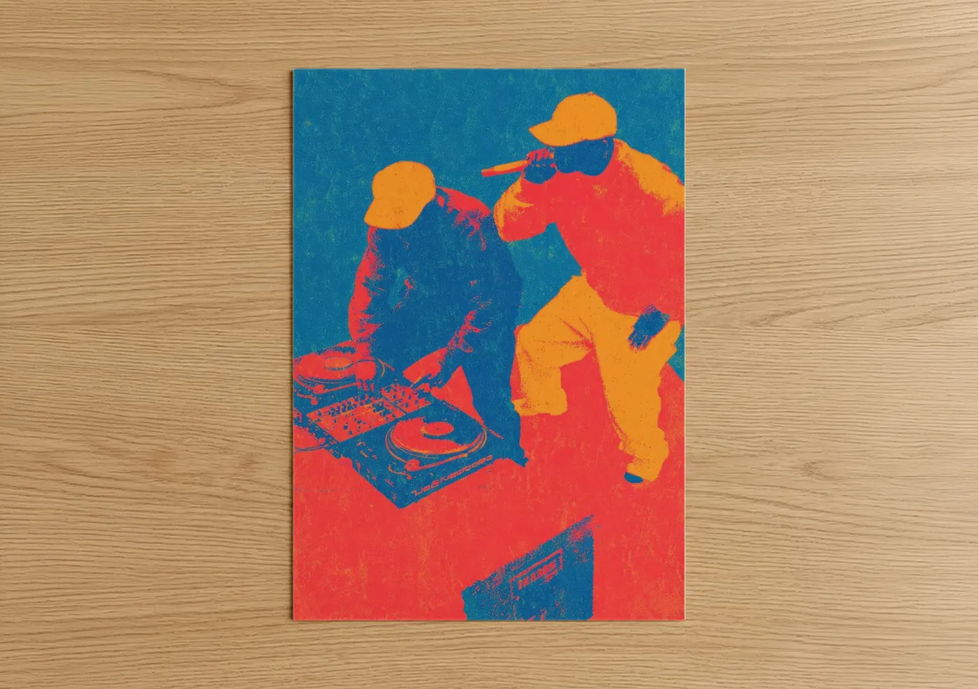Hiphop art print on warm oak wood — red and gold palette — Urban DJ Culture poster