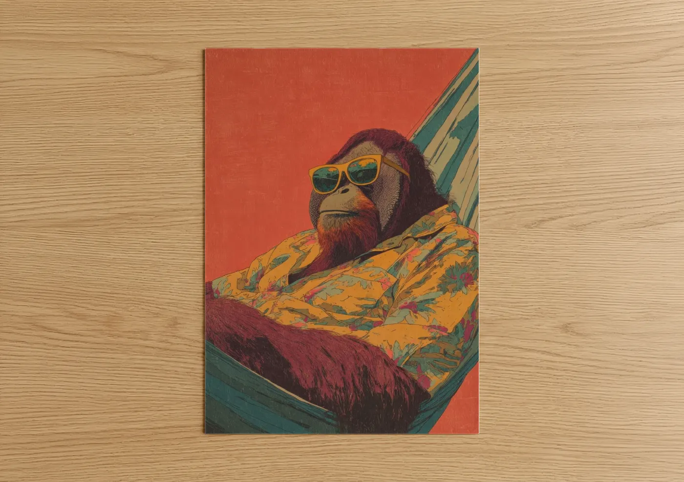Art print on warm oak wood — red and gold palette — Cool Orangutan poster