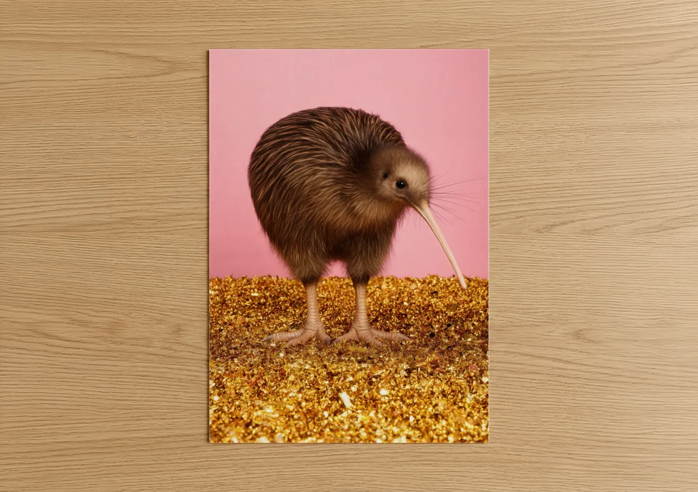 Golden Kiwi Bird Pink Background Wall Art