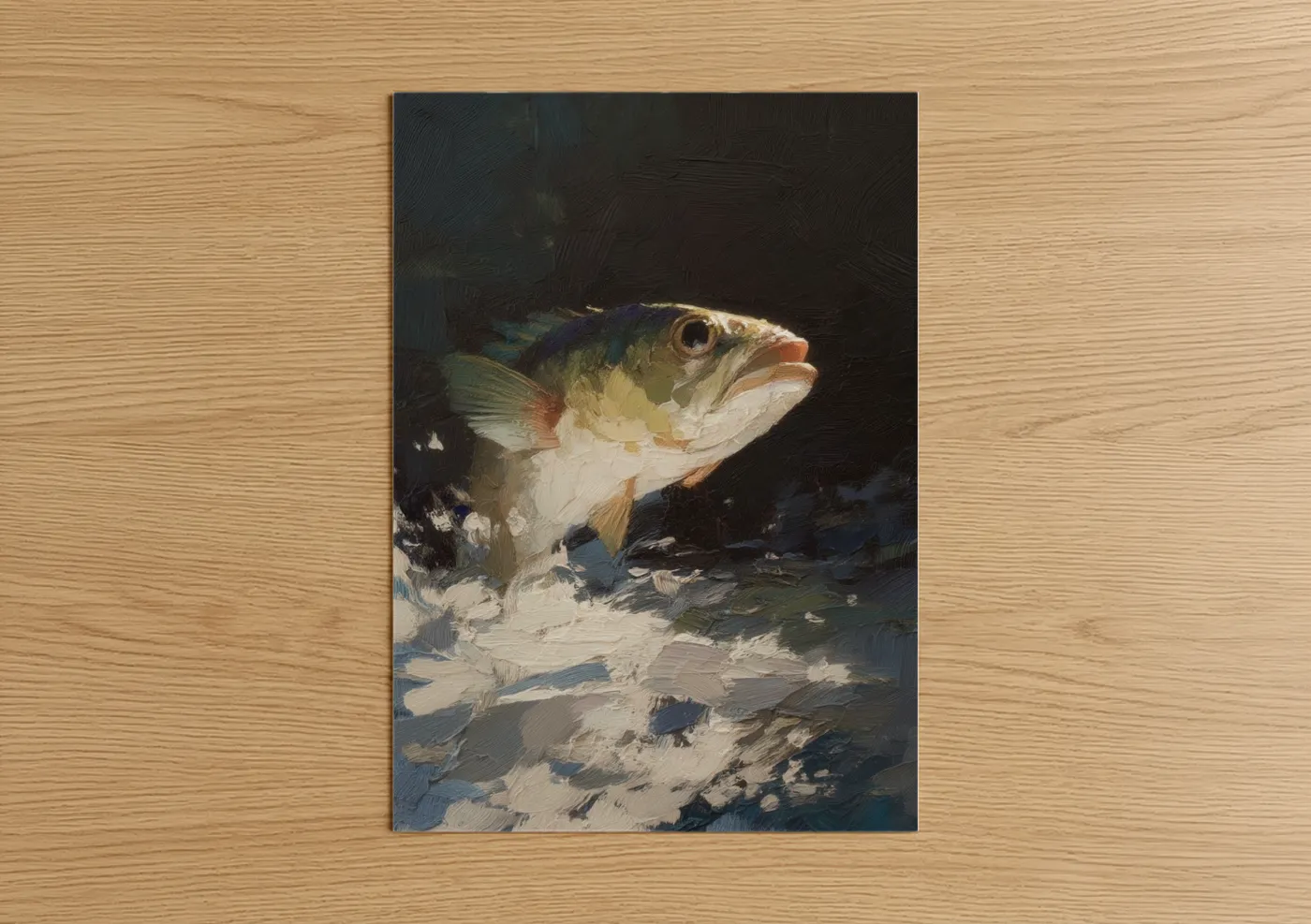 Art print on warm oak wood — gold and dark blue palette — Golden Dragon Fish poster
