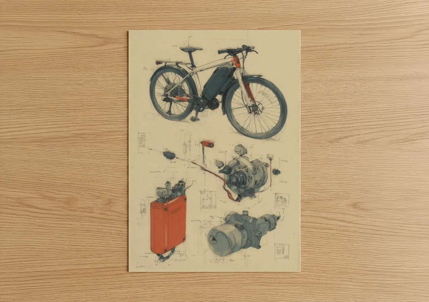 Urban bicycle art print on warm oak wood — cream and dove gray palette — Electric Bike Blueprint poster