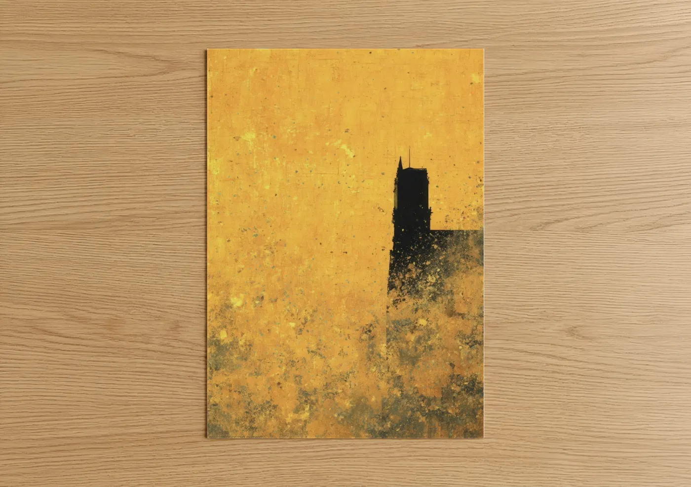 Notre dame art print on warm oak wood — yellow gold and black palette — Golden Notre-Dame poster
