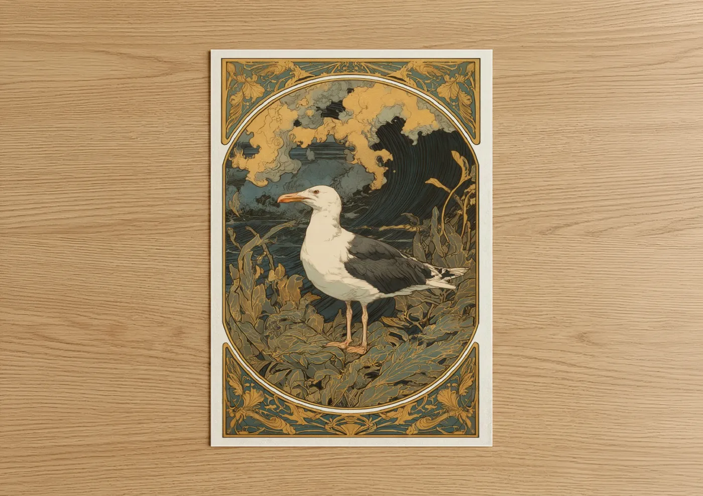 Art print on warm oak wood — gold and dark blue palette — Coastal Seagull poster