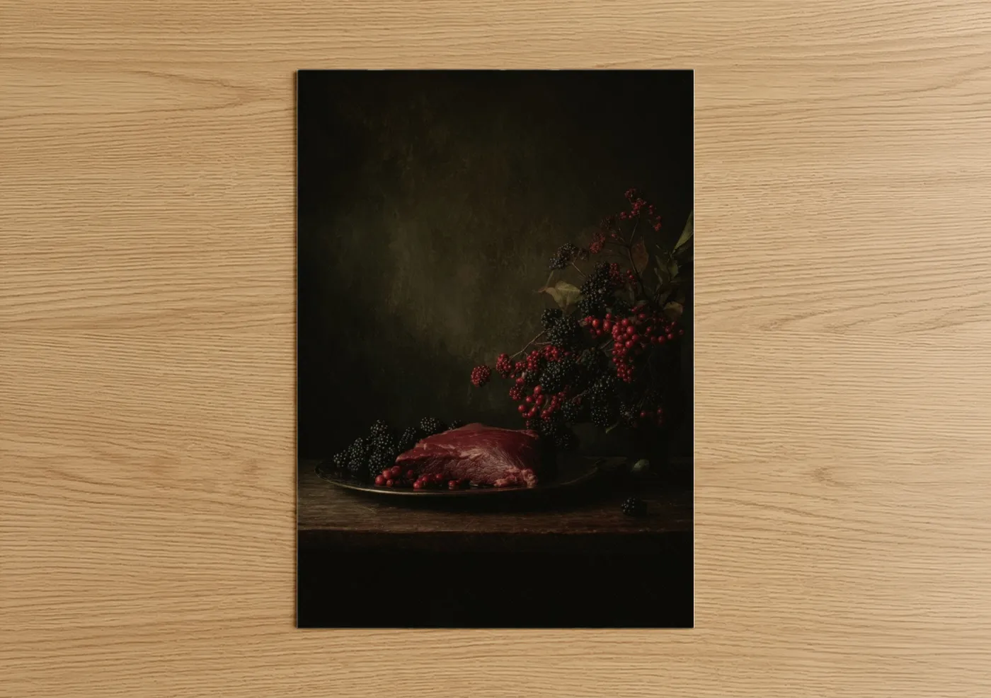 Dark Moody Meat Still Life with Berries Wall Art