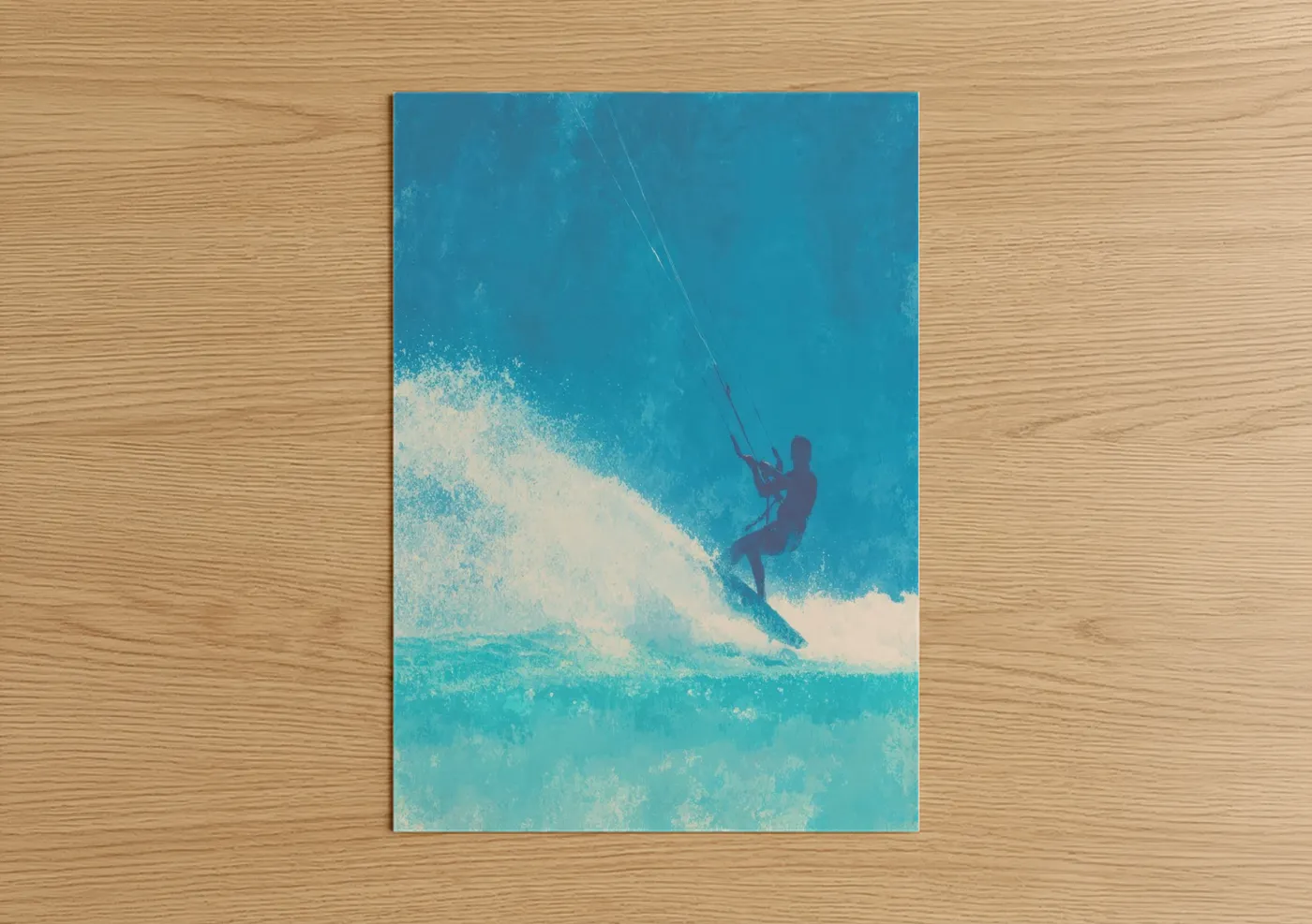 Kite surfing art print on warm oak wood — blue and white palette — Wave Rider Silhouette poster