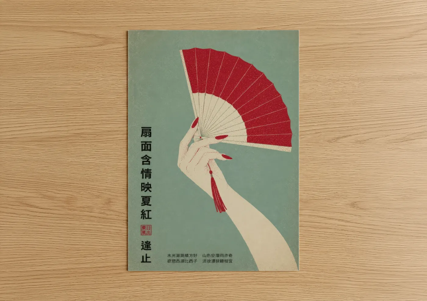 Abstract minimalist art print on warm oak wood — red and sage green palette — Japanese Fan Hand Minimalist Wall Art poster