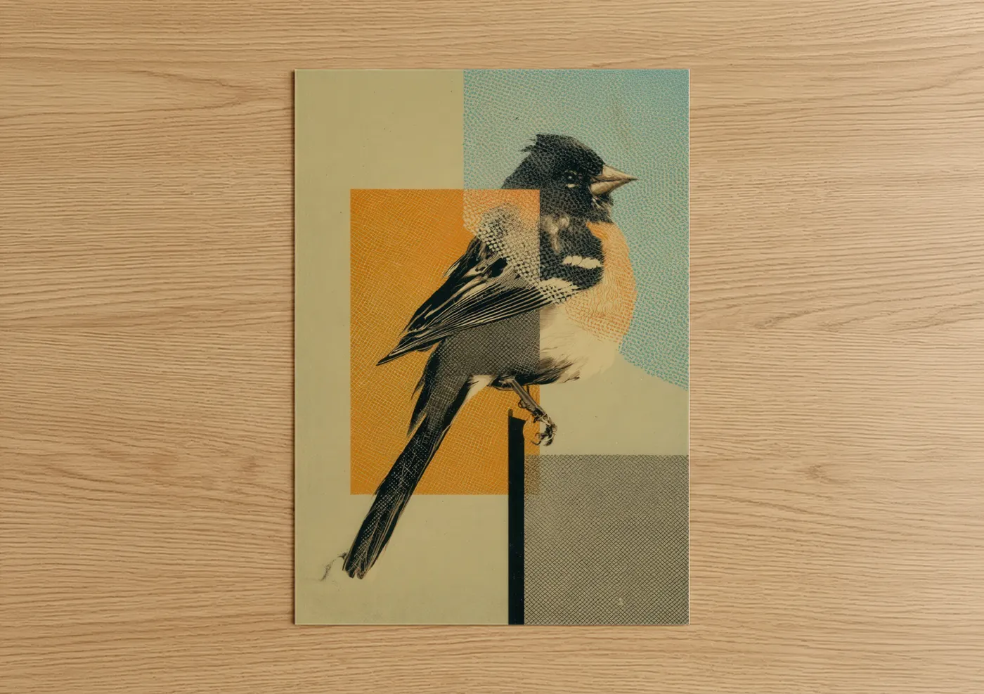 Art print on warm oak wood — orange and sage green palette — Geometric Finch poster