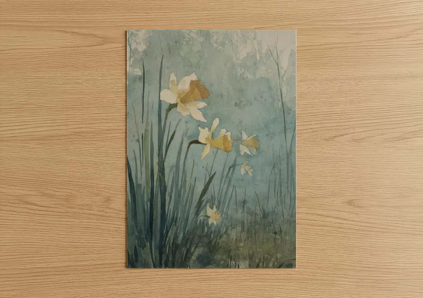 Art print on warm oak wood — sage green and gold palette — Spring Daffodils poster