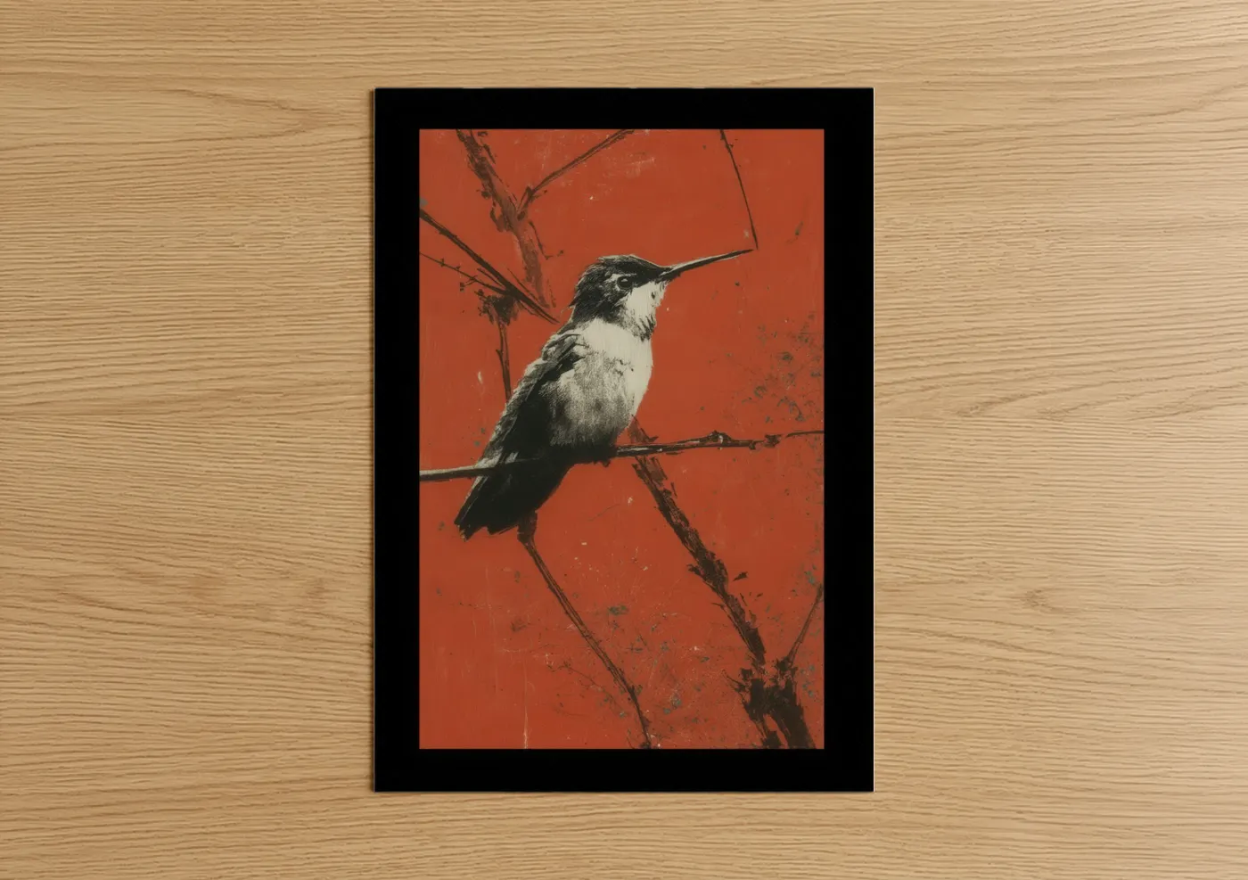 Art print on warm oak wood — red and black and white palette — Crimson Hummingbird poster