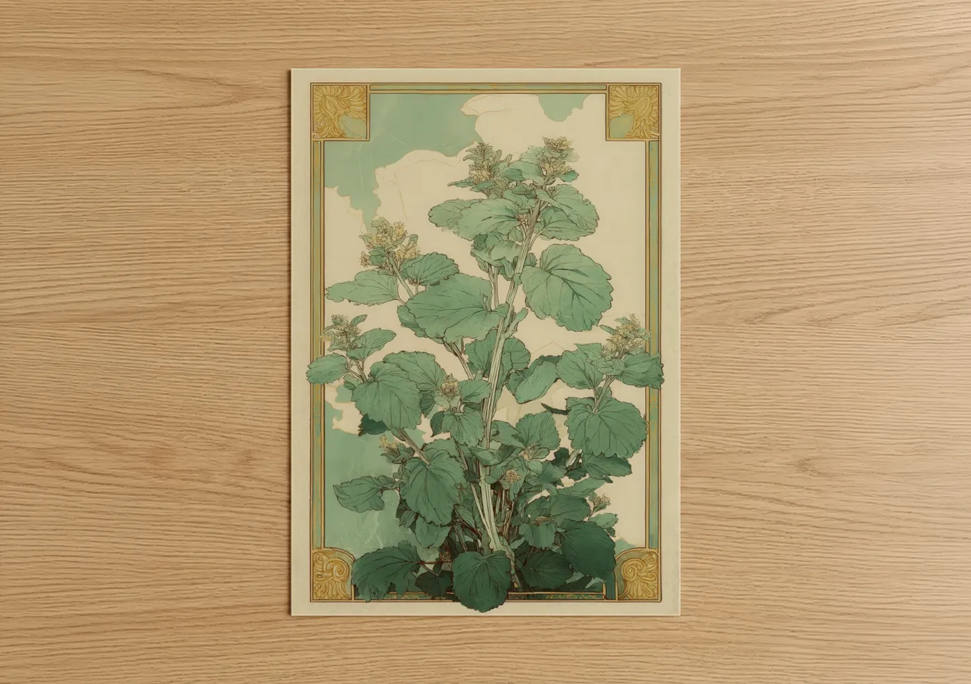 Herbs art print on warm oak wood — light green and cream palette — Botanical Herb Study poster