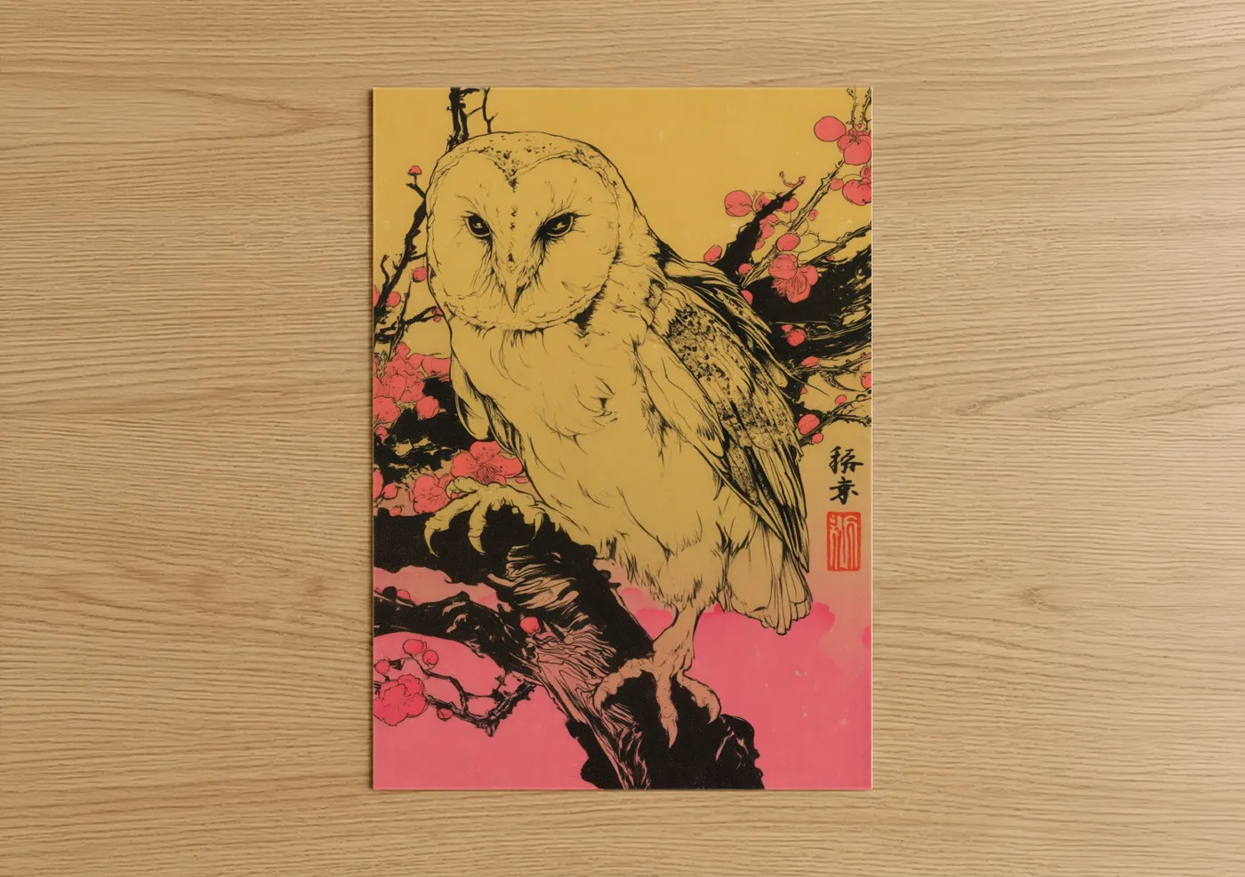 Art print on warm oak wood — gold and pink palette — Blossoming Barn Owl poster
