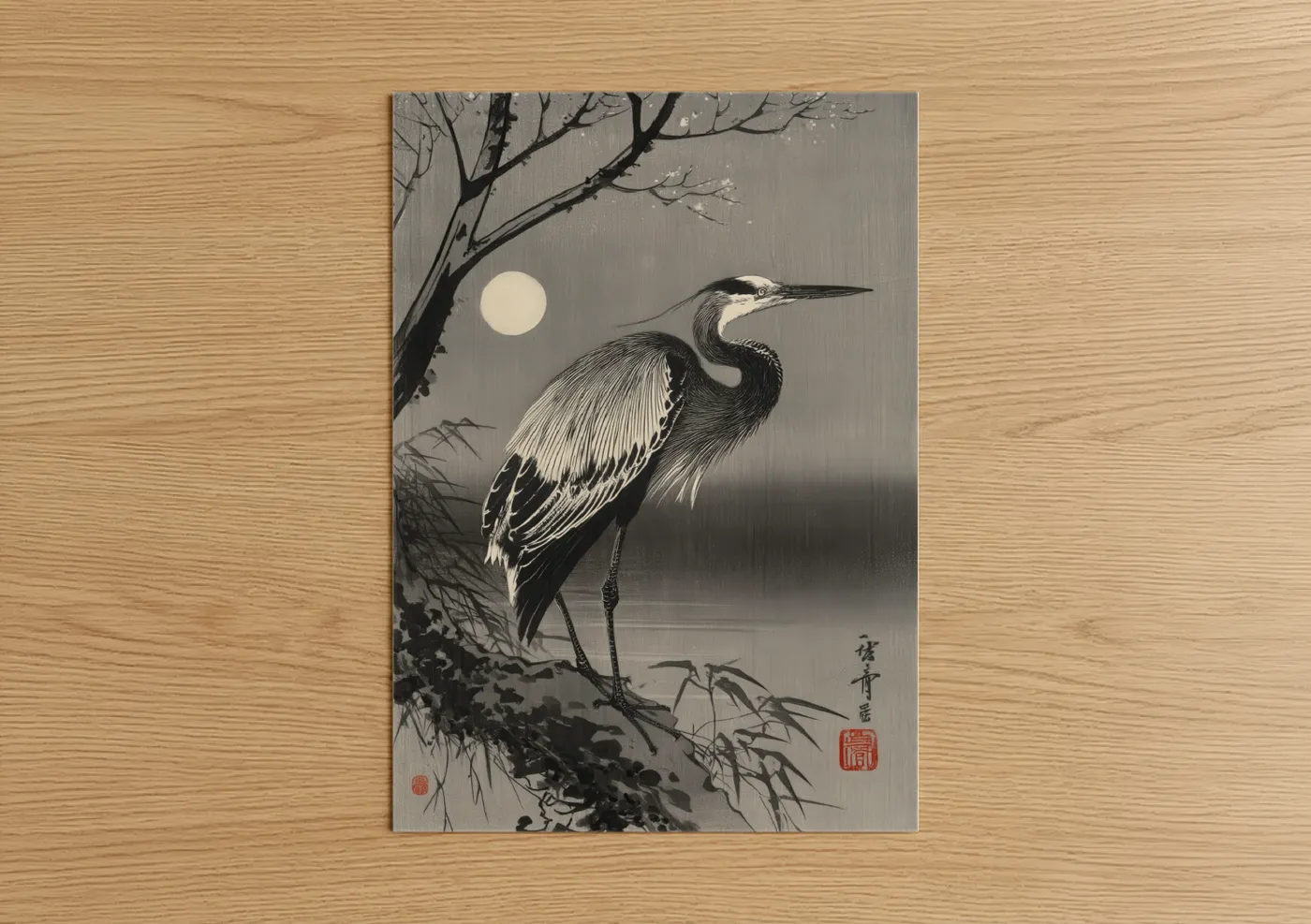 Moonlit Heron Japanese Art Print Wall Art
