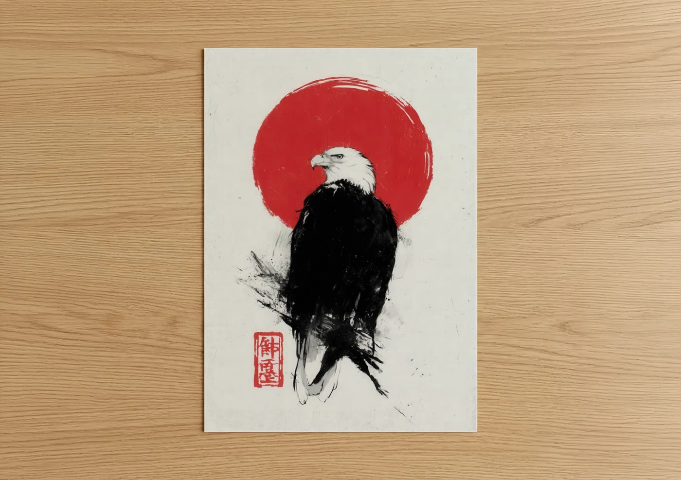 Art print on warm oak wood — red and black and white palette — Crimson Eagle poster