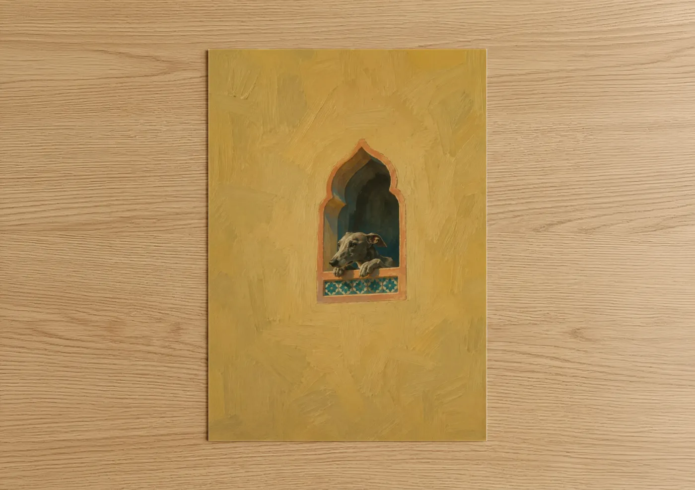 Dogs art print on warm oak wood — yellow gold and beige palette — Dog In Moroccan Window Wall Art poster
