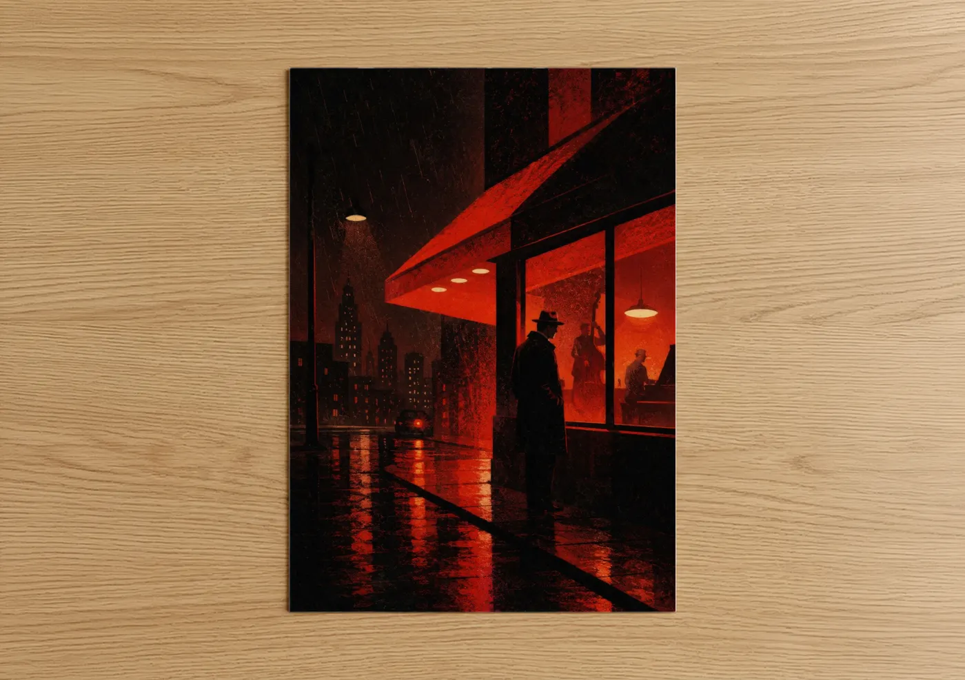 Skyscraper art print on warm oak wood — red and black and red palette — Noir City Rainy Night Wall Art poster