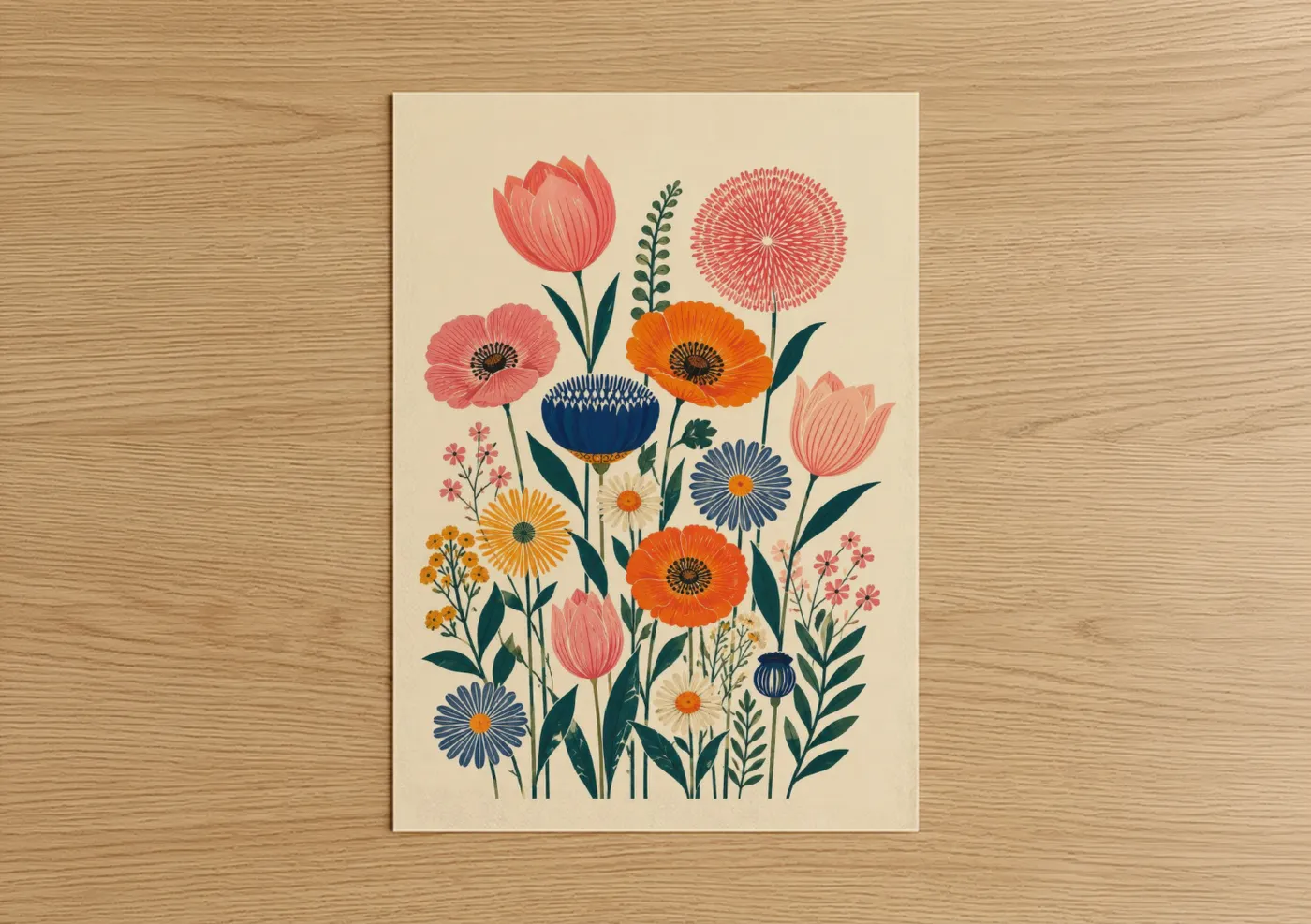 Flower art print on warm oak wood — peach and orange palette — Retro Botanical Garden Wall Art poster