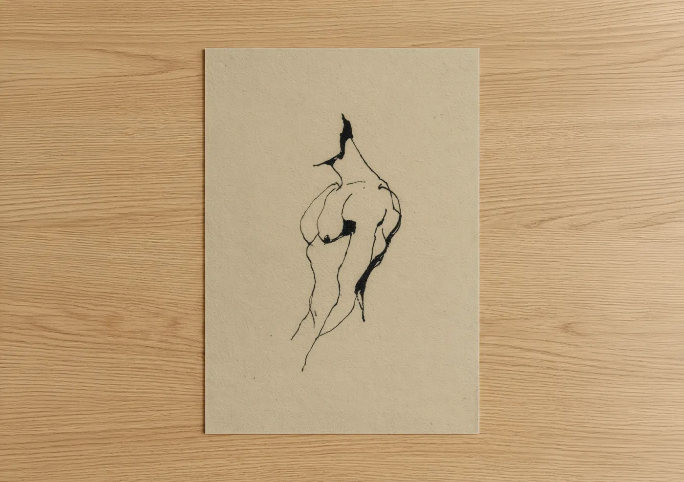 Bodybuilding art print on warm oak wood — black and beige palette — Minimalist Figure Study poster