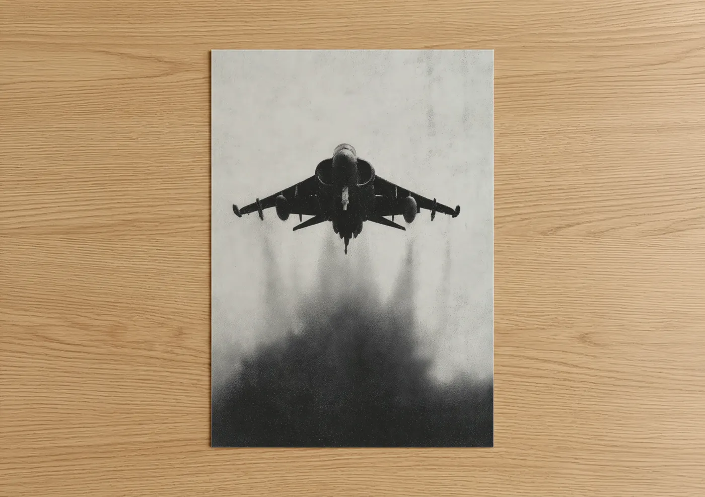 Military plane art print on warm oak wood — black and white and gray palette — Ascending Jet poster