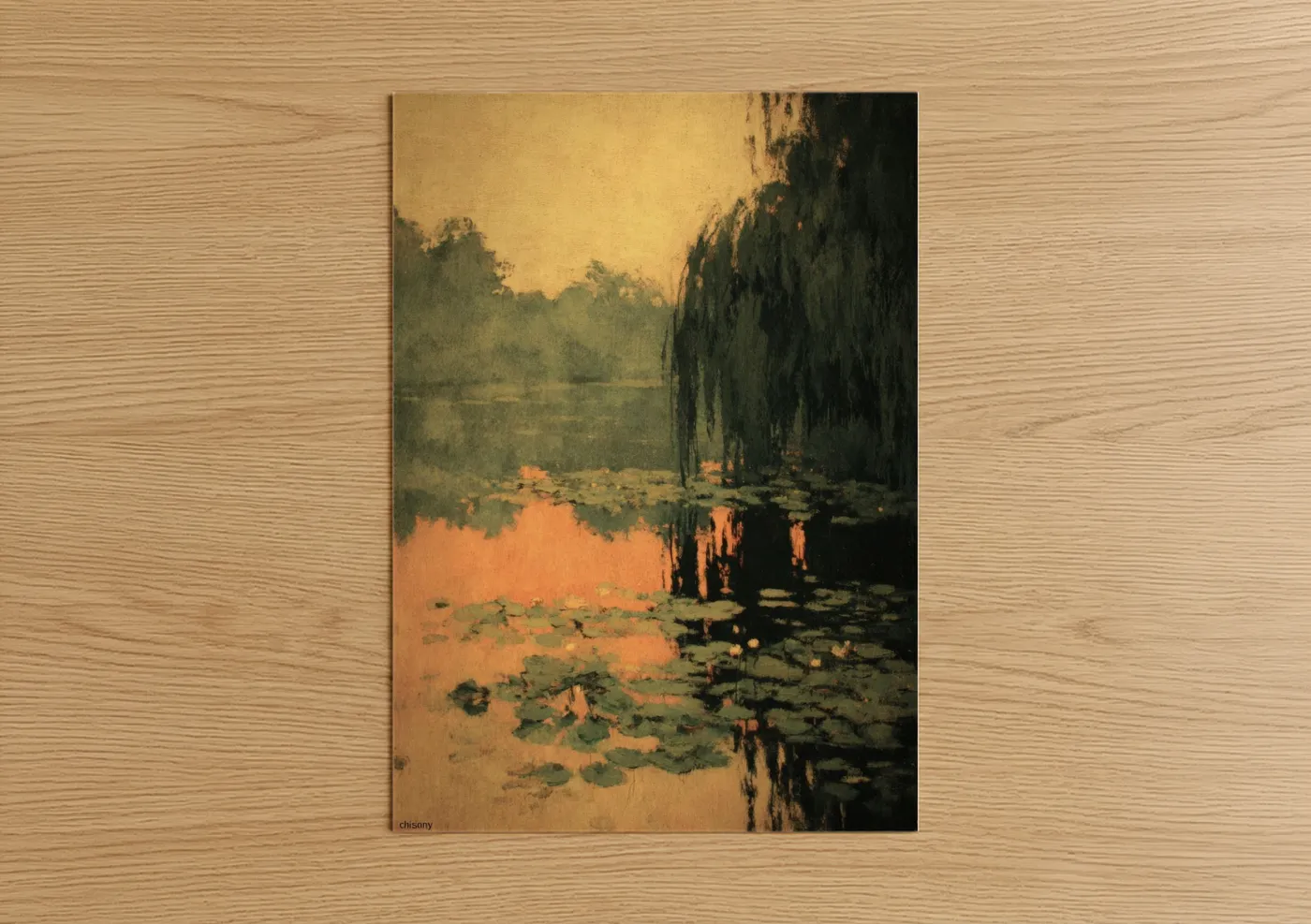 Art print on warm oak wood — gold and dark green palette — Willow Sunset Reflection poster