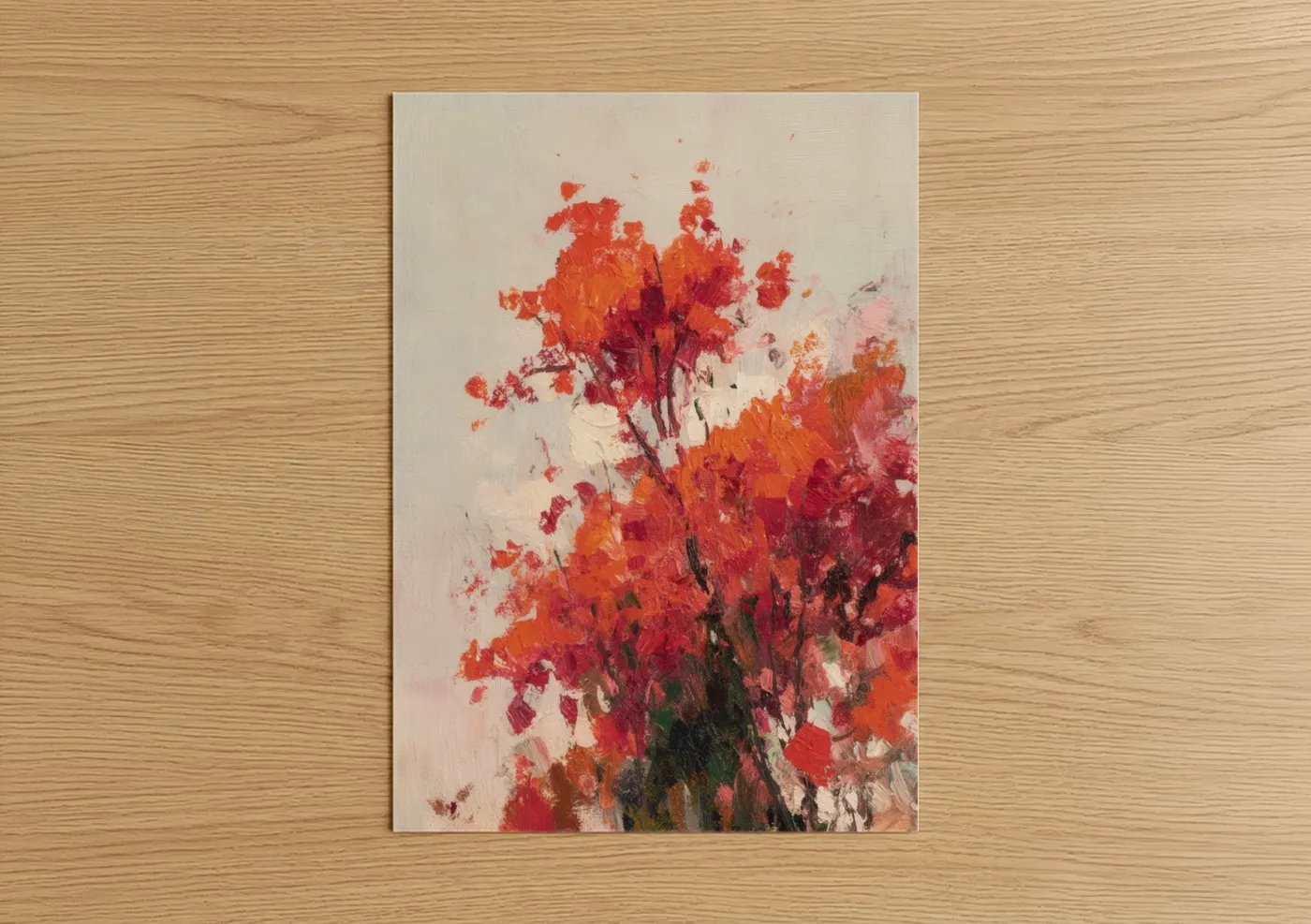 Art print on warm oak wood — red and orange palette — Crimson Sea Anemone poster