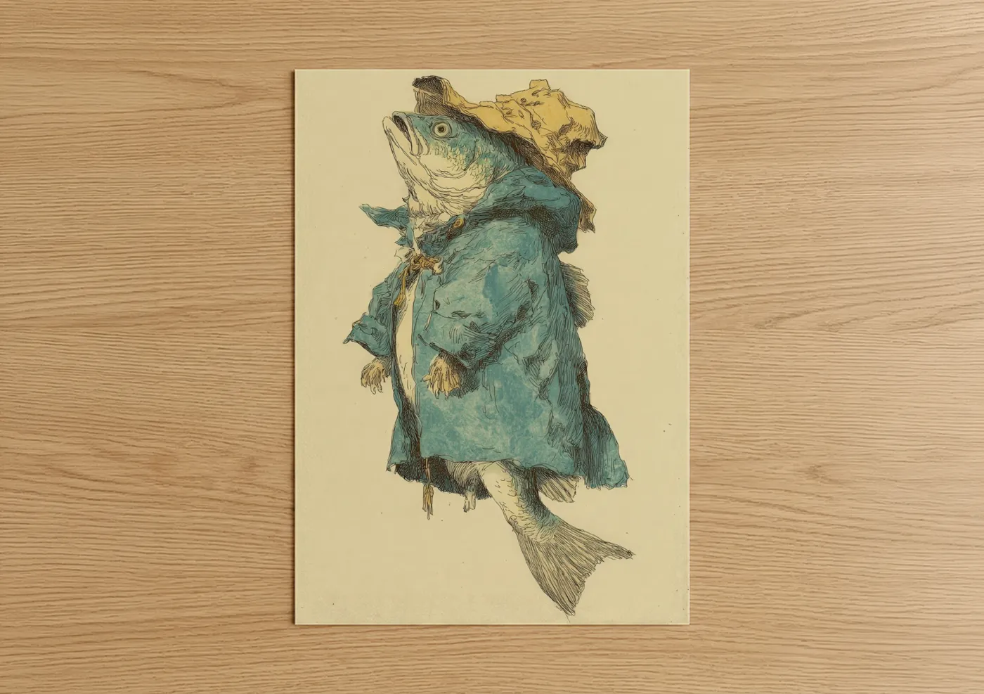 Art print on warm oak wood — teal and cream palette — Genteel Bass poster
