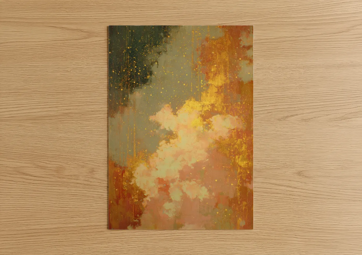 Art print on warm oak wood — gold and orange palette — Golden Nebula poster