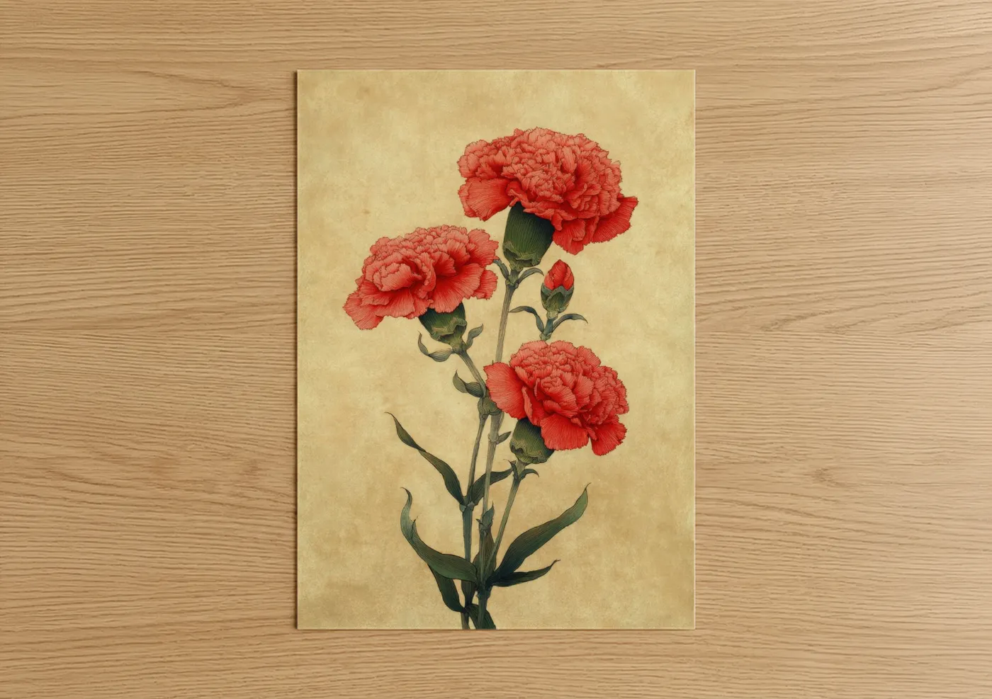 Art print on warm oak wood — red and beige palette — Crimson Carnations poster