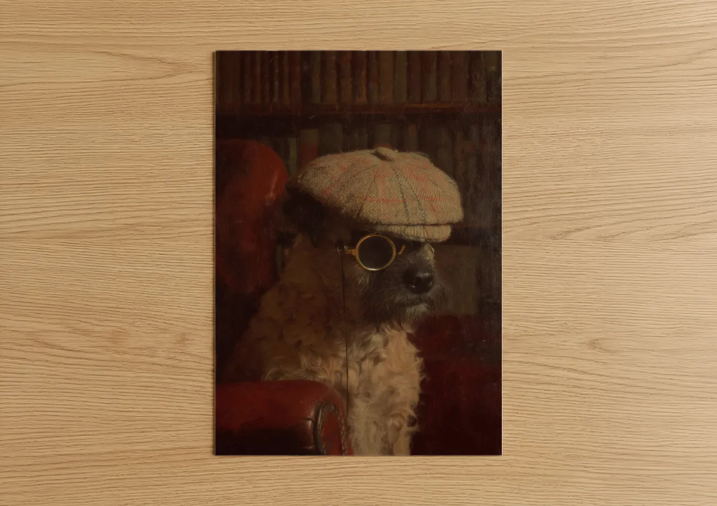 Art print on warm oak wood — brown and gold palette — Steampunk Terrier poster