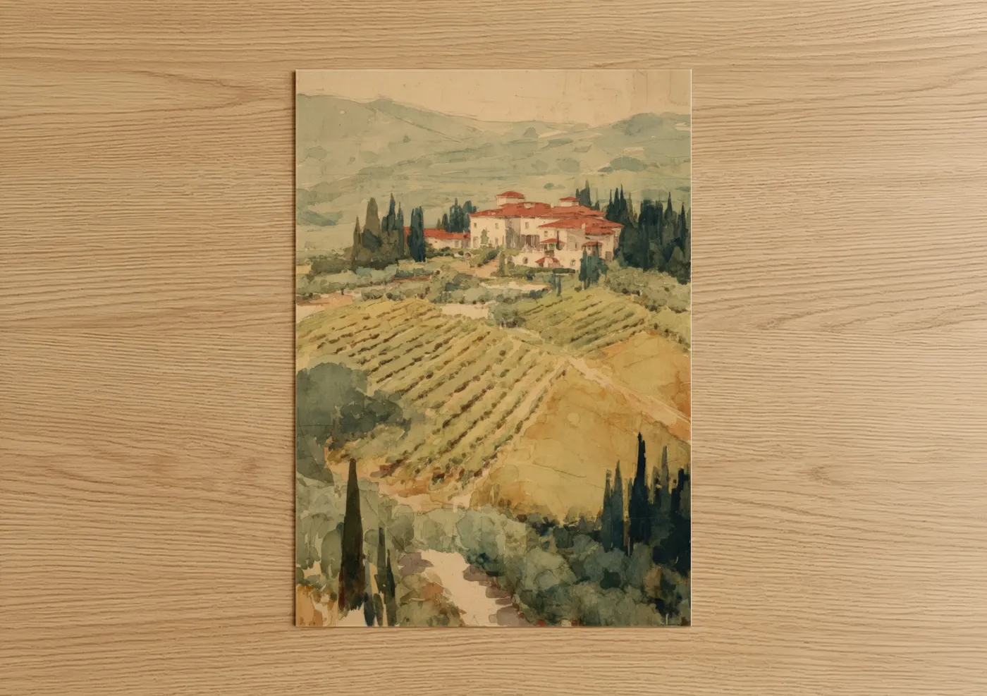 Vineyards art print on warm oak wood — cream and olive palette — Tuscan Vineyard Villa poster