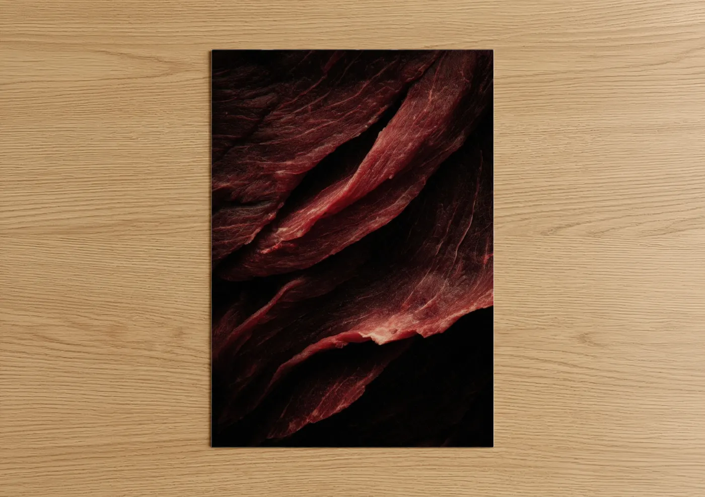 Art print on warm oak wood — maroon and black palette — Crimson Meat Texture poster