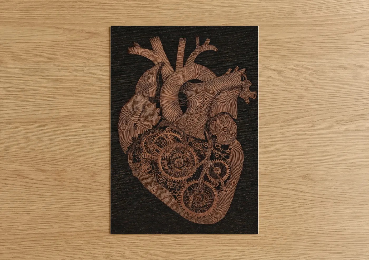 Woodcarving art print on warm oak wood — black palette — Steampunk Heart Carving poster