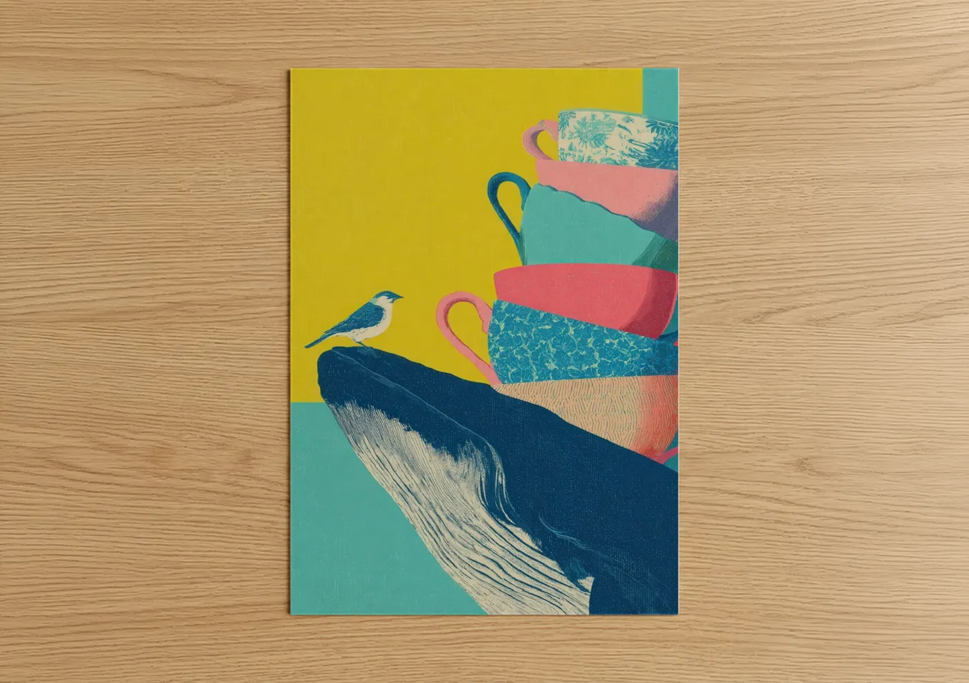 Blue Whale with Teacups Modern Wall Art