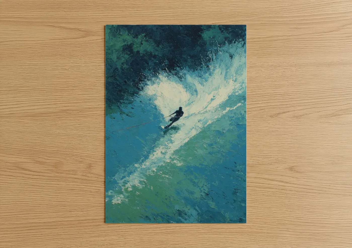 Wakeboarding art print on warm oak wood — turquoise and blue palette — Aerial Wakeboarder poster