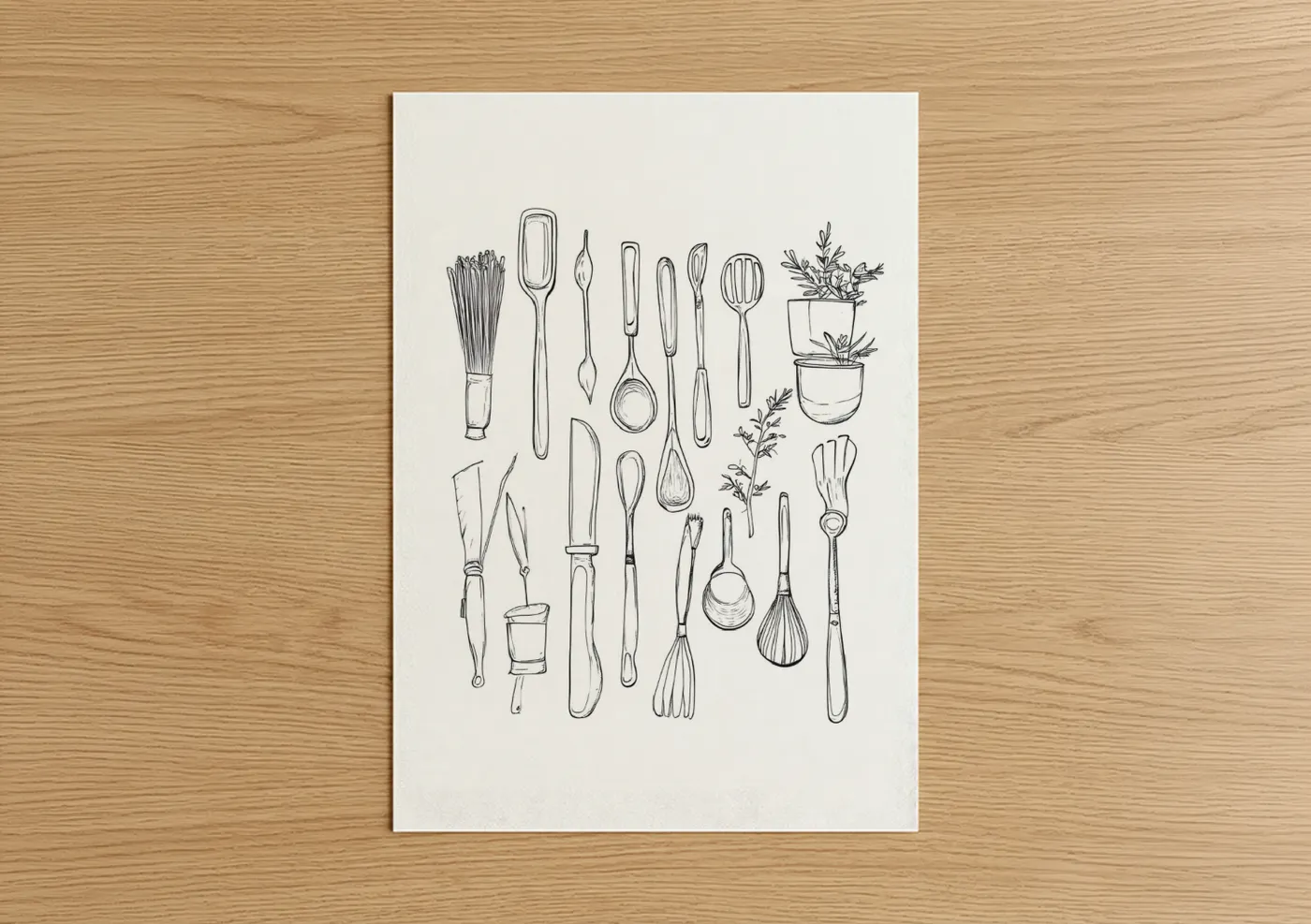 Art print on warm oak wood — black and white palette — Kitchen Utensils Line Art poster