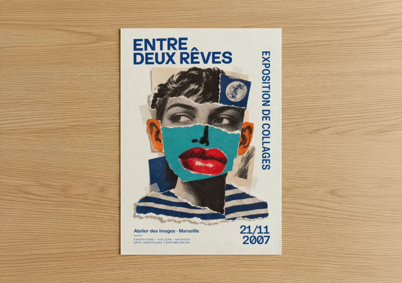 Lip art print on warm oak wood — blue and red palette — Surrealist Collage Portrait Wall Art poster