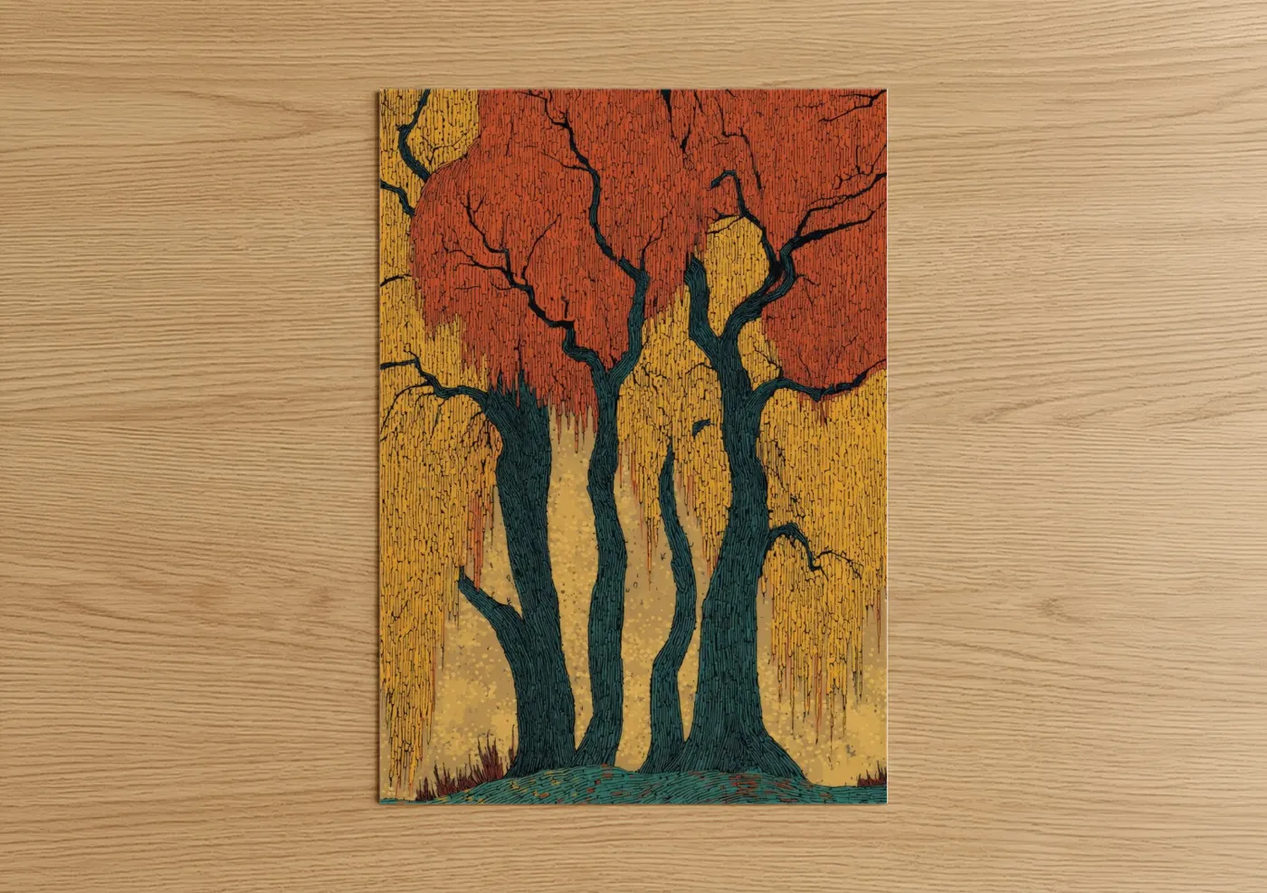 Willow forest art print on warm oak wood — russet and gold palette — Autumn Willows poster