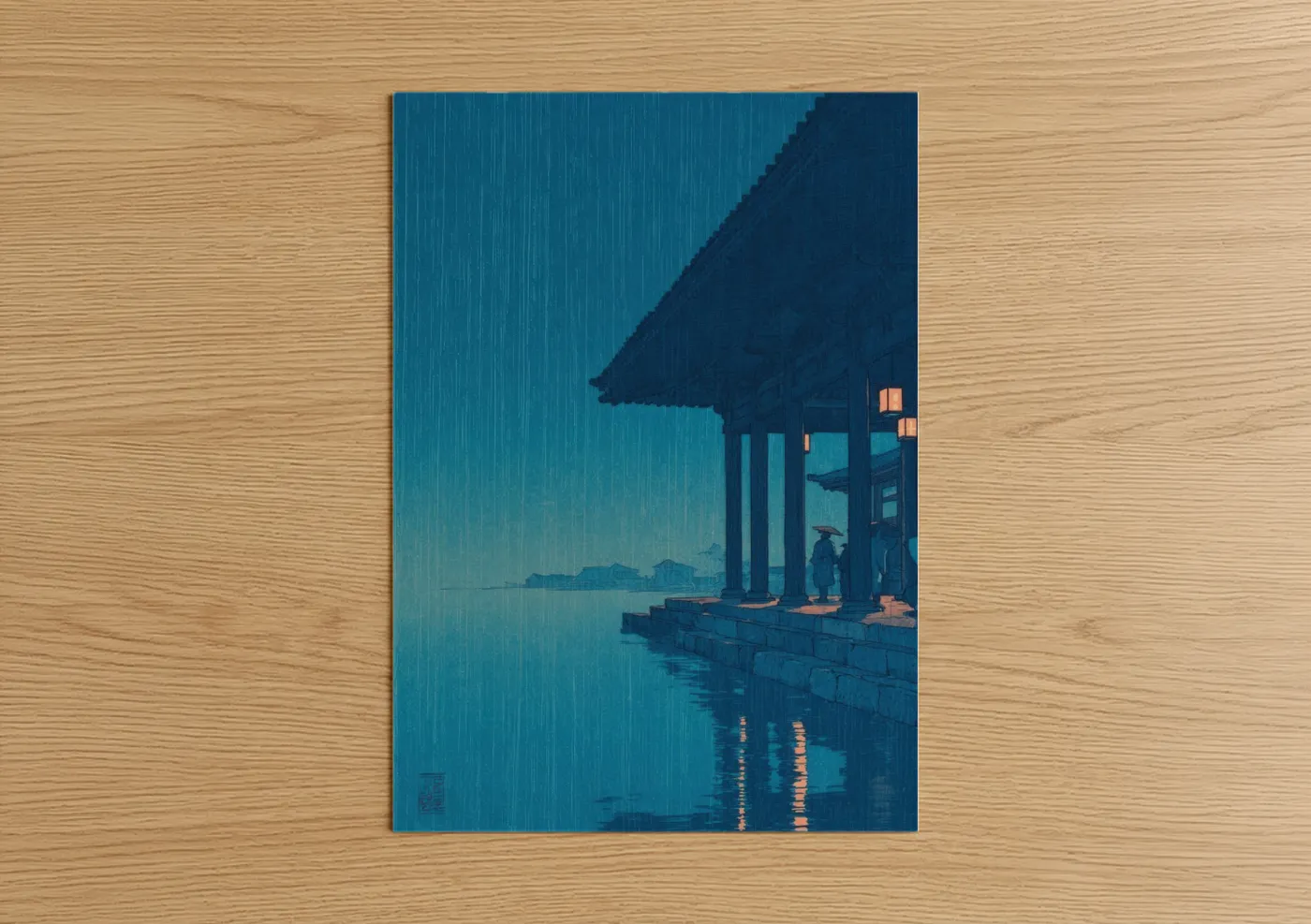 Asian Pavilion Rain Night Watercolor Wall Art