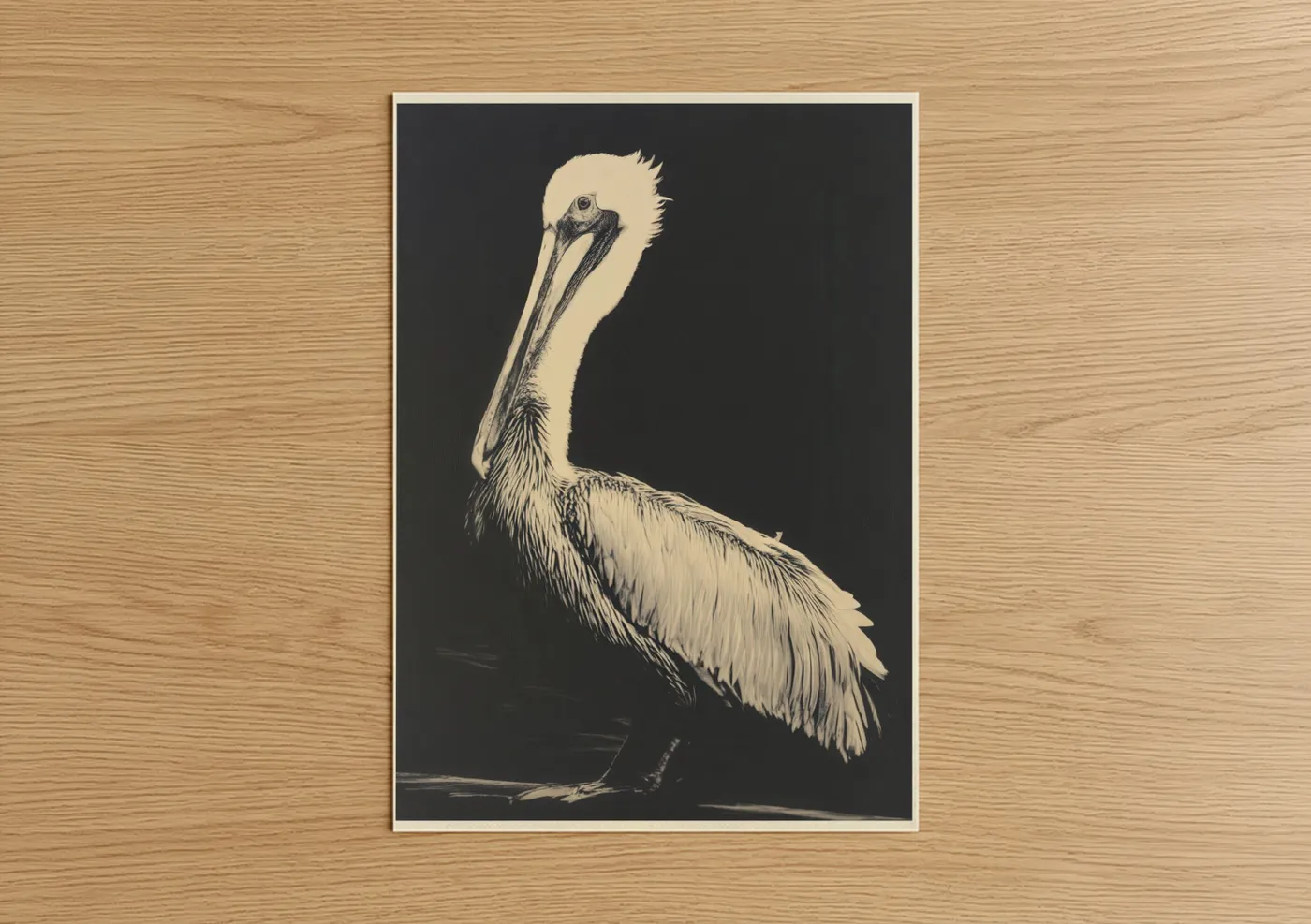 Art print on warm oak wood — black and white and cream palette — Elegant Pelican Study poster