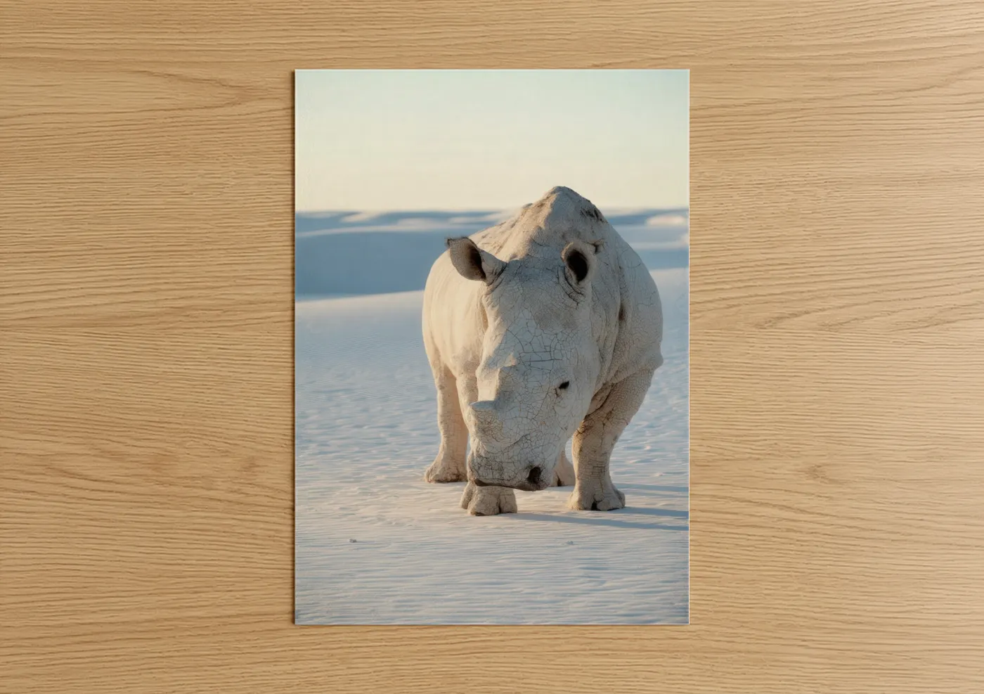 Art print on warm oak wood — white and gray and white palette — Arctic Rhino poster