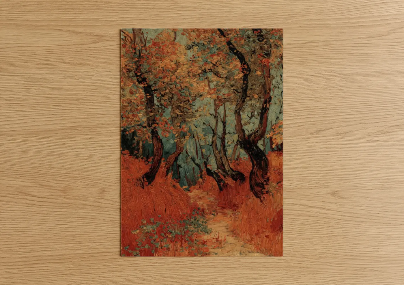 Art print on warm oak wood — orange and brown palette — Autumn Oak Forest poster