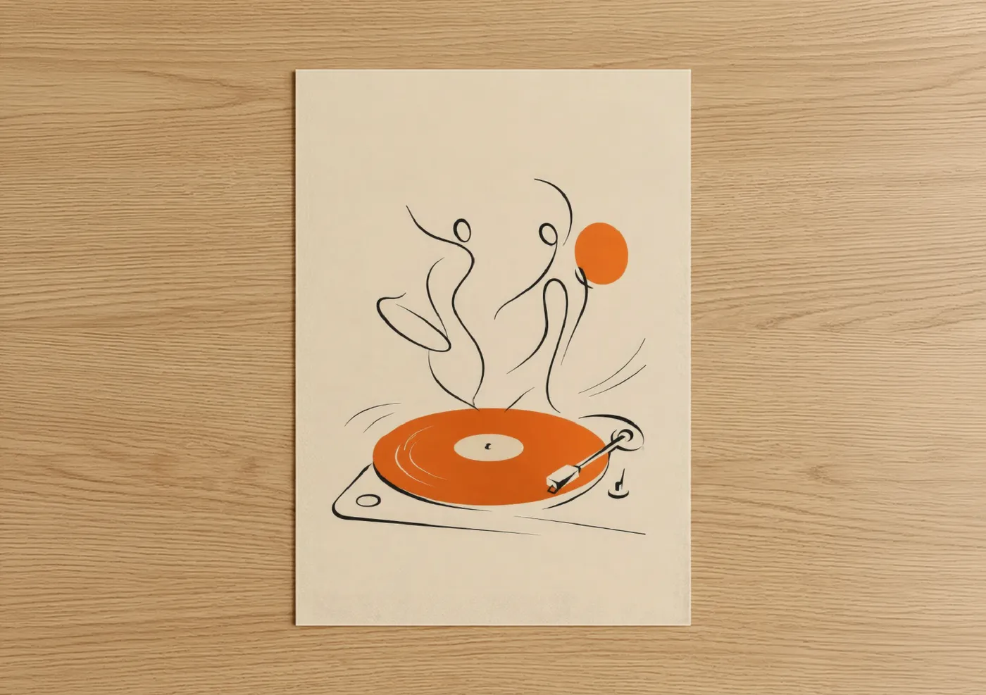 Vinyl records art print on warm oak wood — orange and beige palette — Retro Vinyl Record Dance Wall Art poster