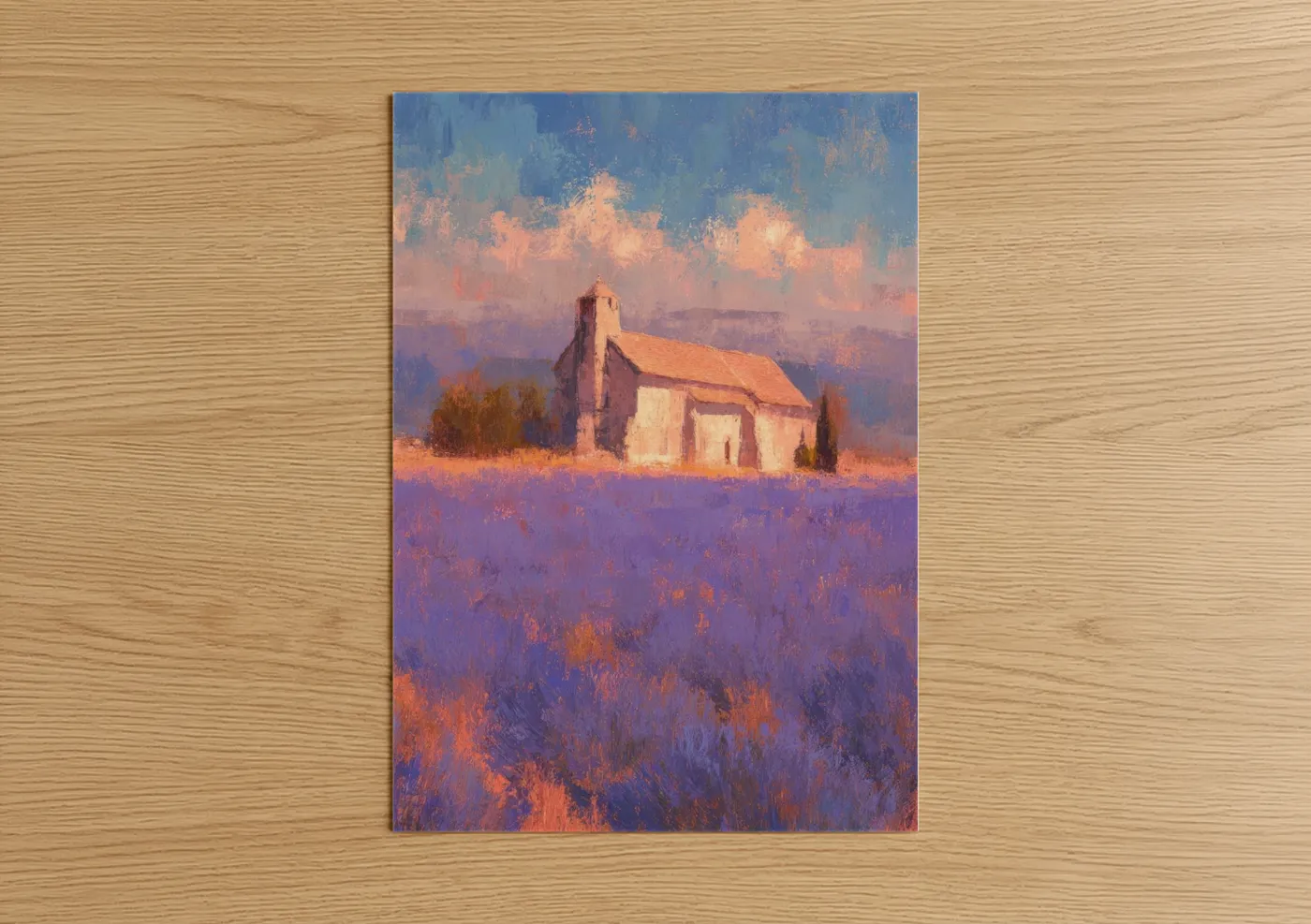 Churches and chapels art print on warm oak wood — purple and gold palette — Lavender Chapel Sunset poster