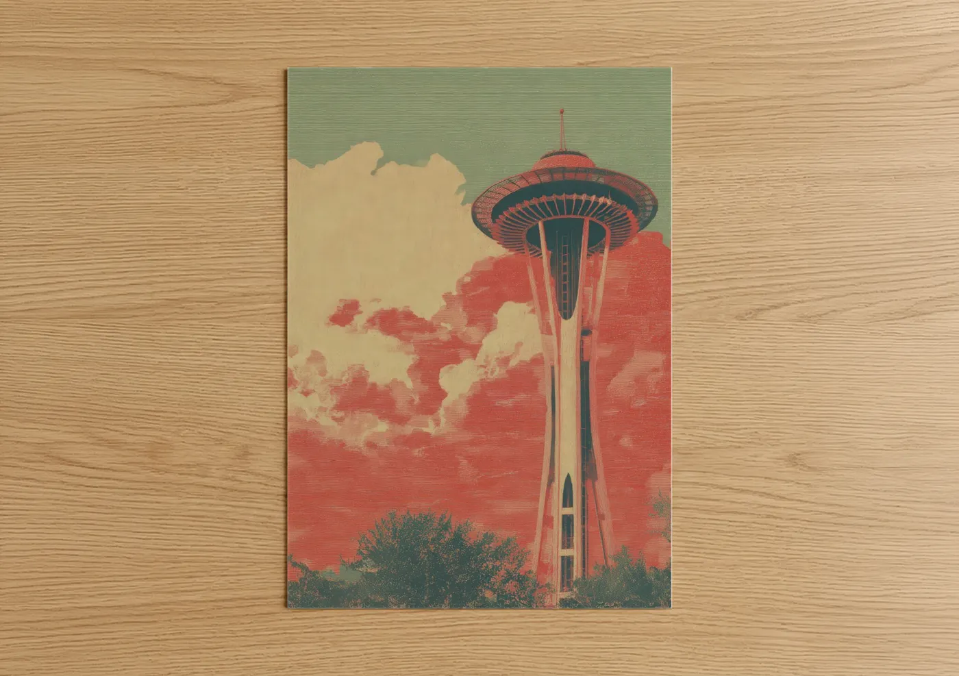 Space needle (seattle) art print on warm oak wood — red and sage green palette — Vintage Seattle Needle poster