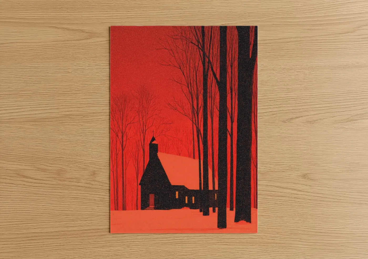 Churches and chapels art print on warm oak wood — red and black palette — Crimson Chapel Forest poster