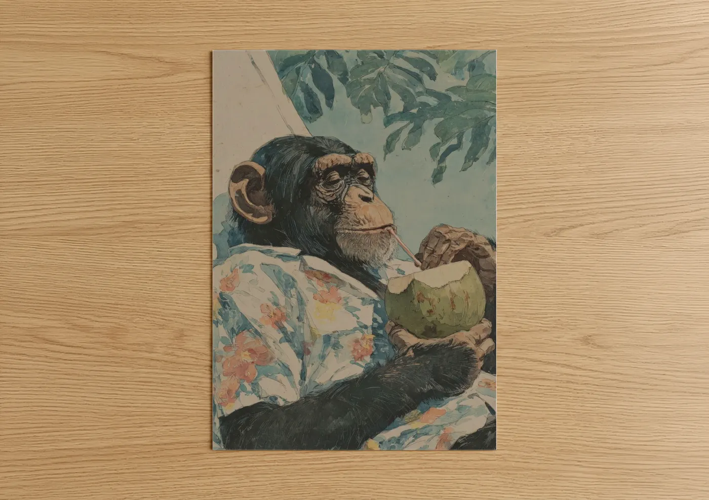 Art print on warm oak wood — sage green and beige palette — Thoughtful Chimpanzee poster